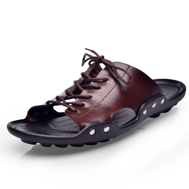 Flip Flop Leather Men - 夏潮メンズスリッパ英国ファッション男性サンダル本物の牛革怠惰なビーチサンダルフリップフロップ男性夏の靴
