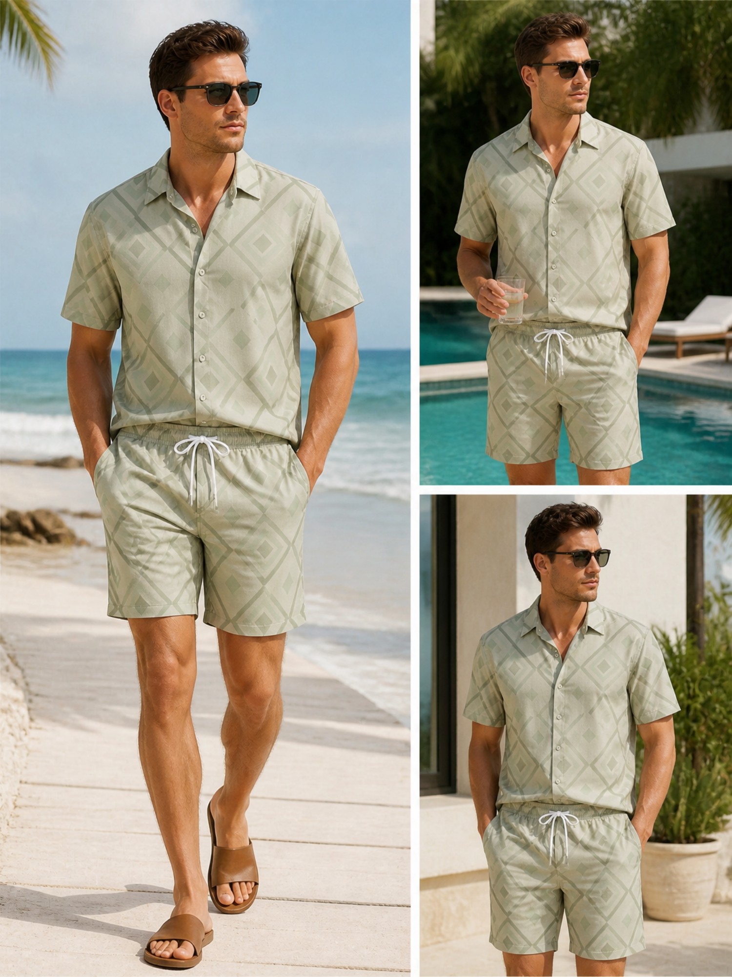 Resort Shirt Floral - メンズ花柄半袖シャツとドローストリングショーツセット ビーチバケーション カジュアルビーチ ツーピースマッチングリゾート衣装 リゾートウェア