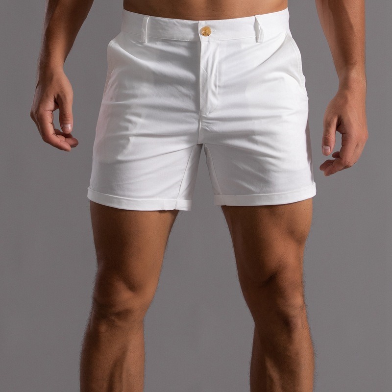 Shorts Chino Slim - メンズスリムフィットチノショーツ、裾が折り畳まれたカジュアルな無地サマービーチショートパンツ