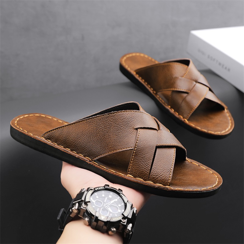 Flip Flop Leather Men - 本革メンズカジュアルサンダル夏メンズスリッパ屋外通気性ビーチシューズ快適なフラット男性フリップフロップサイズ 48