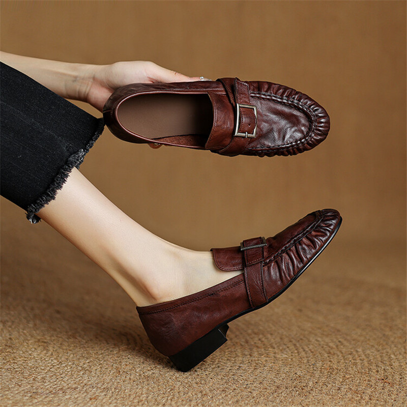 Casual Sandal Leather - 女性用本革モカシン,丸いつま先の靴,プリーツパンプス,厚手のヒール,ファッション,秋,新品
