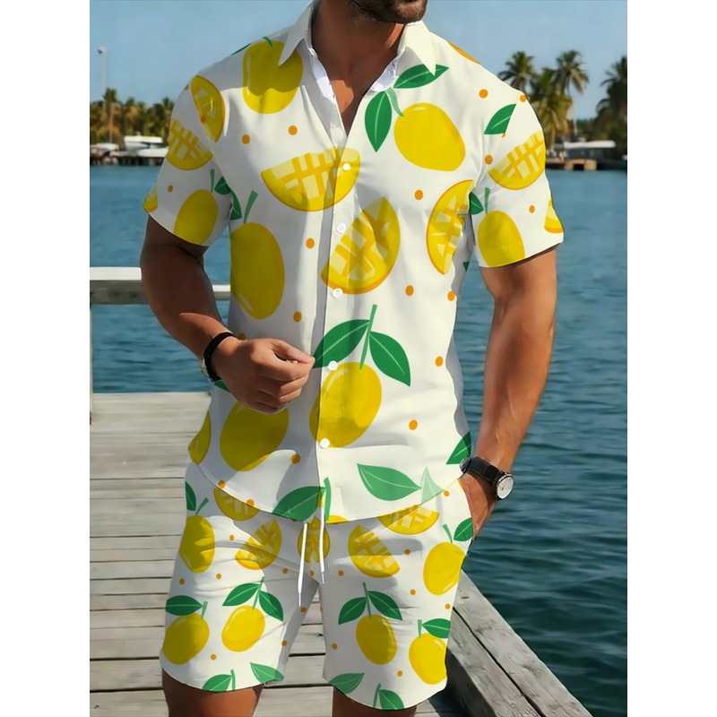 Short Linen Drawstring - メンズリネンプリント半袖シャツとショートパンツセット 軽量ビーチウェア 夏のバケーション衣装