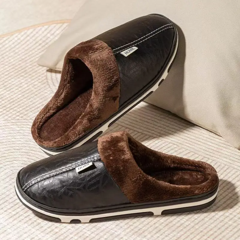 Flip Flop Leather Men - メンズビッグサイズ冬用スリッパ室内PUレザー家庭用防水ふわふわカジュアルスライドメンズ寝室用快適シューズハウスシューズ