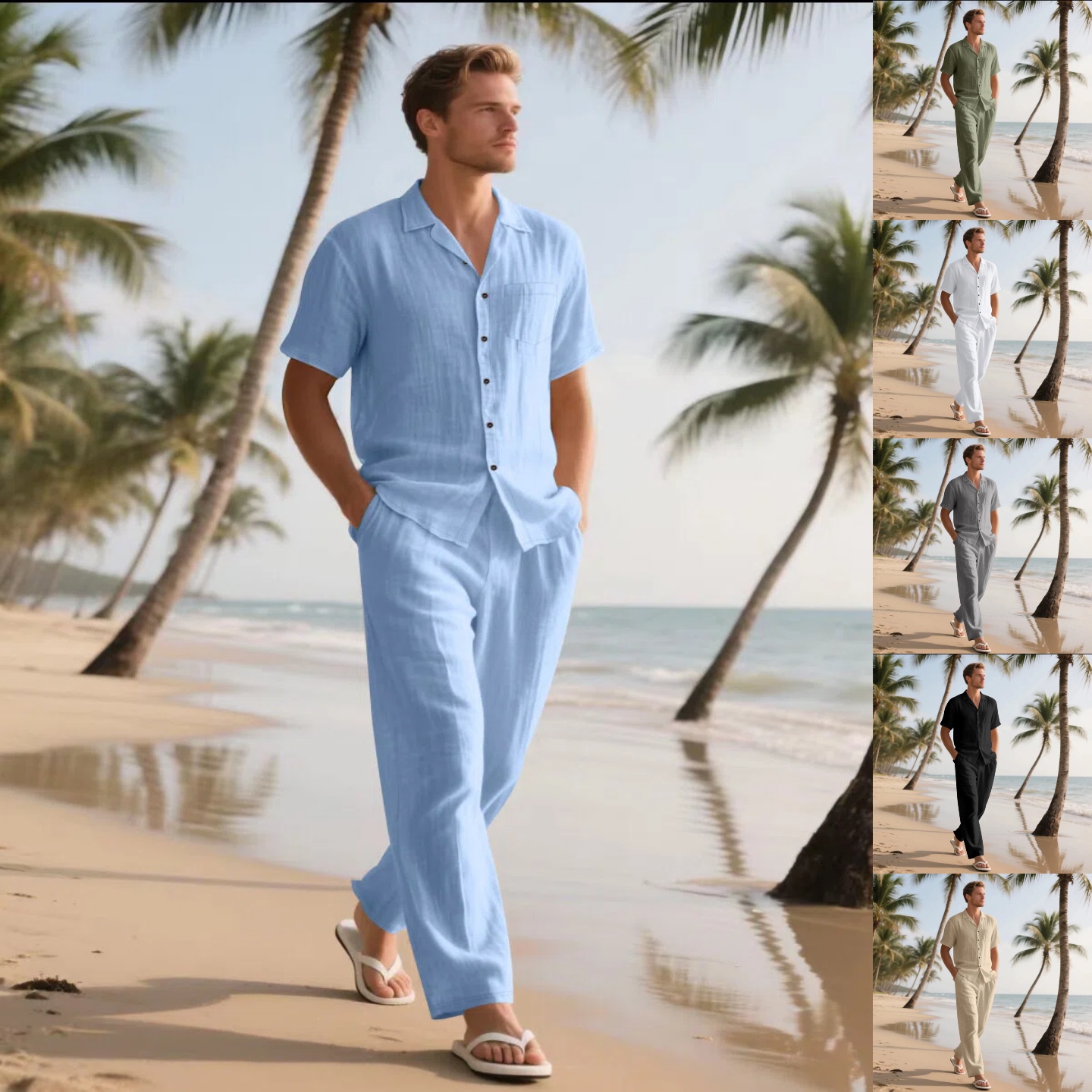 Short Linen Drawstring - 夏のメンズ新作リネンカジュアル快適ルーズ通気性高級ミニマリストビーチ半袖長ズボンセット
