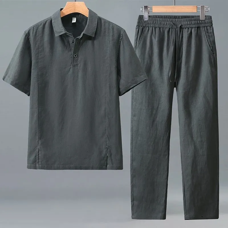Short Linen Drawstring - メンズプラスサイズ夏用リネンツーピースセットルーズラペル半袖シャツドローストリングパンツデイリーカジュアルアウトフィットS-6XL