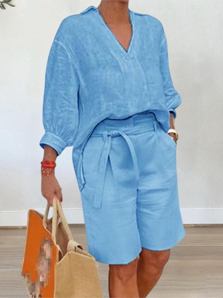 Linen Shirt Breathable - ゆったりとしたコットンとリネンのツーピースセット,半袖,Vネック,ポケットとベルト付き,夏