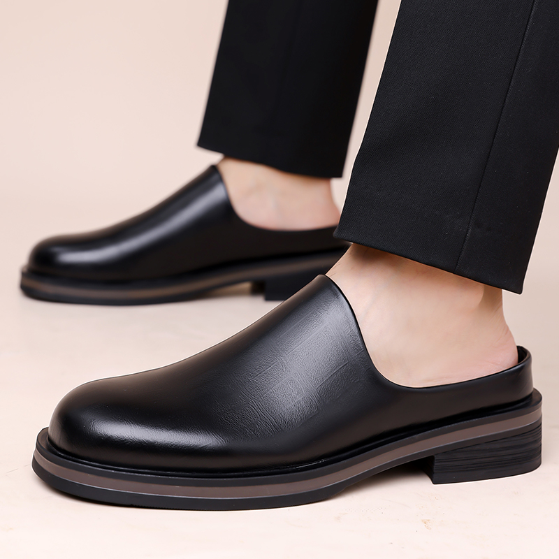 Flip Flop Leather Men - メンズスリッポンハーフスリッパ、厚底光沢カジュアルレザーシューズ、レトロラウンドトゥトレンド万能ミュールシューズ