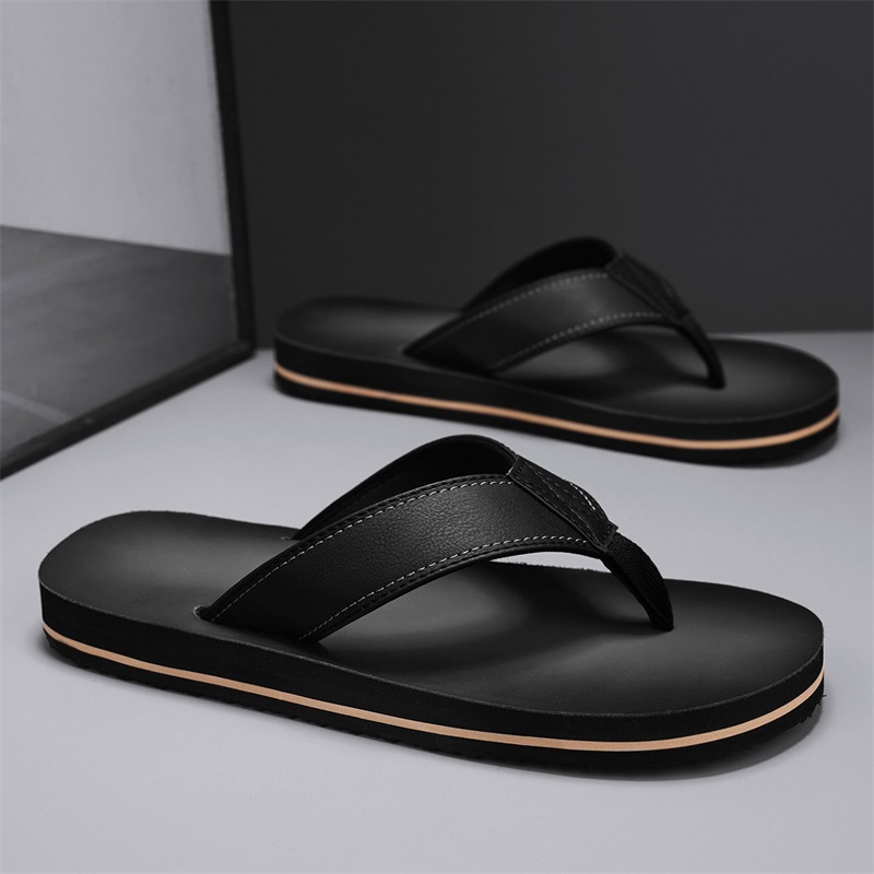 Flip Flop Leather Men - メンズヴィンテージウォッシュドフェイクレザービーチサンダル、ステッチストラップ多層巻きフラットソールカジュアルビーチサンダル