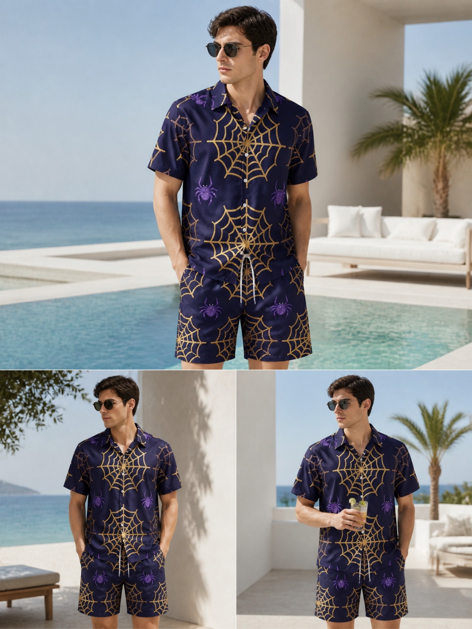 Resort Shirt Floral - メンズ夏半袖ポロシャツとショートパンツセット花柄カジュアルリゾート衣装ビーチ休暇旅行ラウンジ日常着