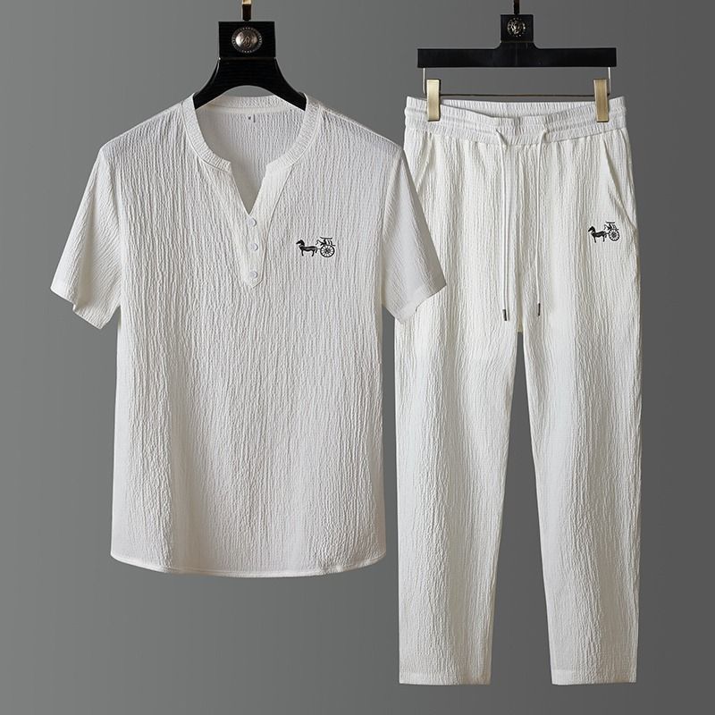 Short Linen Drawstring - 新作夏ファッション トレンド リネン半袖Tシャツセット メンズカジュアル ルーズスポーツ プラスサイズ