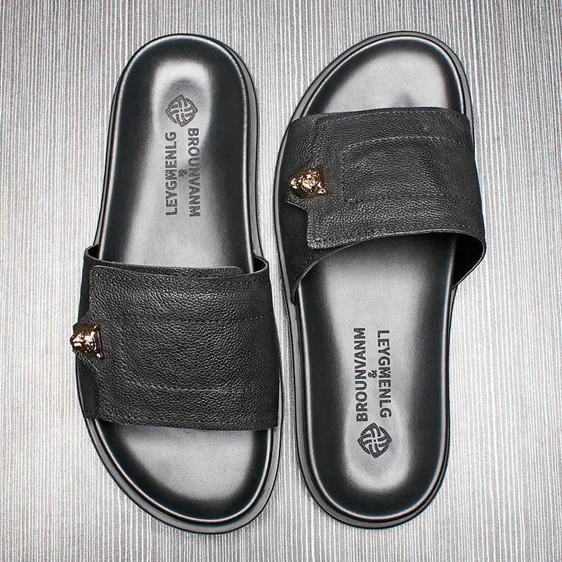 Flip Flop Leather Men - 2025年新作 本革スリッパ メタル装飾 滑り止め ビーチサンダル メンズ