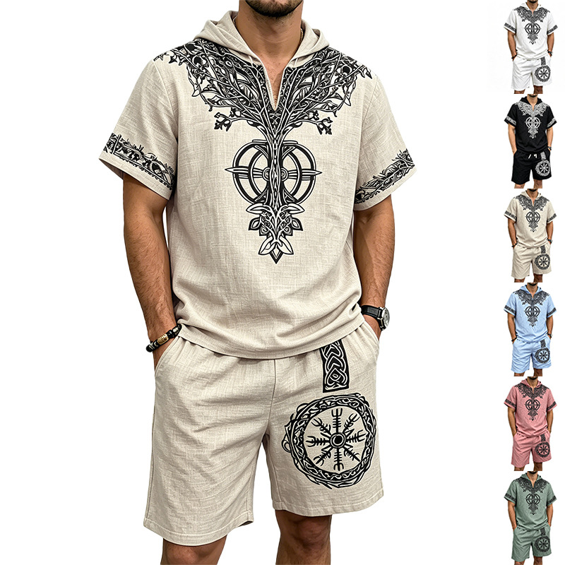 Short Linen Drawstring - メンズリネン風バイキングツリープリントハーフジップフード付き半袖トップス＆ドローストリングショーツ2ピースサマースーツ