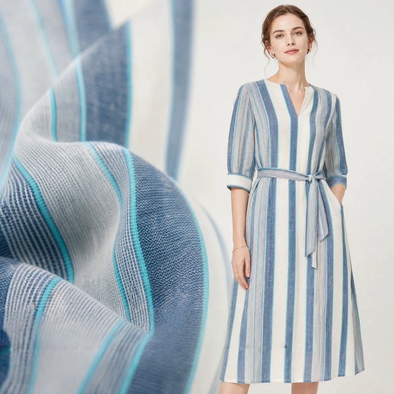 Linen Shirt Breathable - 2ヤードの新鮮で芸術的な青と白のストライプ柄の綿麻通気性生地、ドレス、シャツ、チャイナドレス、パンツdiyFabricA