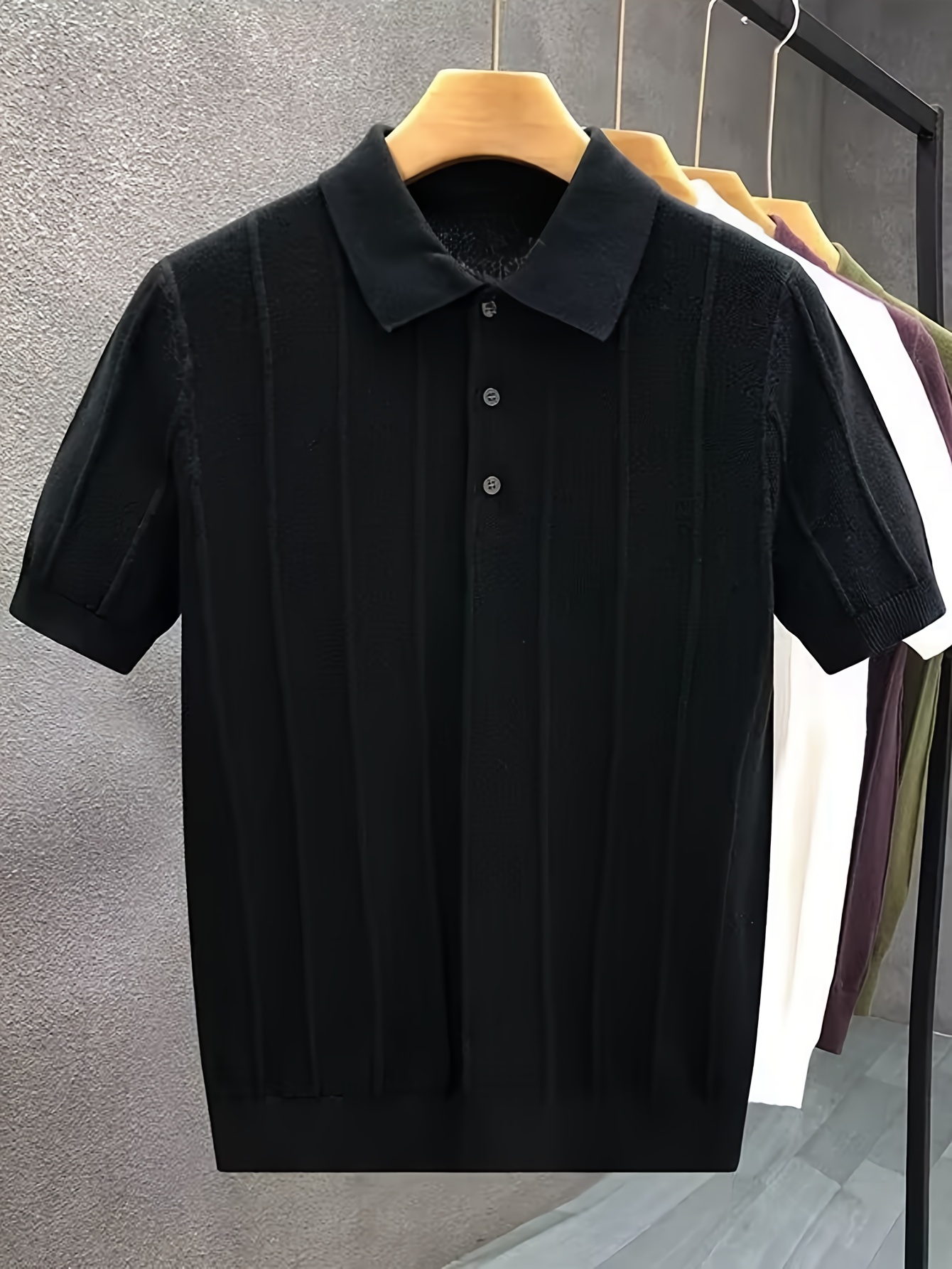 高級感のある縦縞テクスチャの半袖ポロシャツニットトップス メ - Polo Shirt Pique のレビューと価格