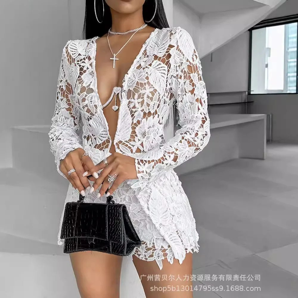 女性のためのセクシーな透かし彫りのショートセット,透かし彫り - Linen Shirt Breathable のレビューと価格