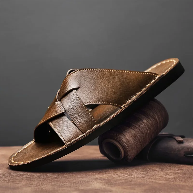 本革メンズカジュアルサンダル夏メンズスリッパ屋外通気性ビーチ - Flip Flop Leather Men のレビューと価格