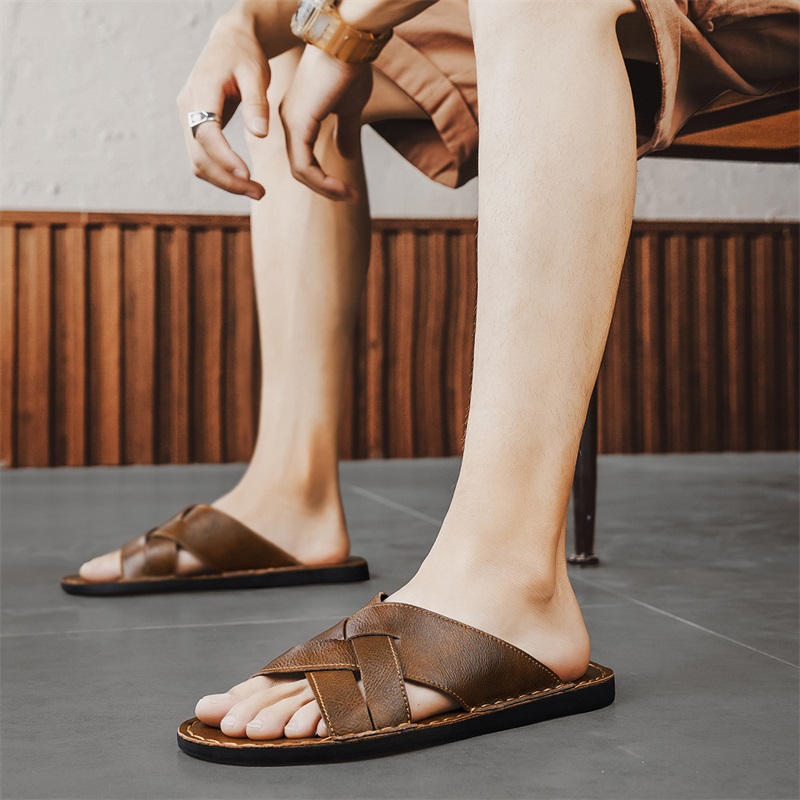 本革メンズカジュアルサンダル夏メンズスリッパ屋外通気性ビーチ - Flip Flop Leather Men のレビューと価格