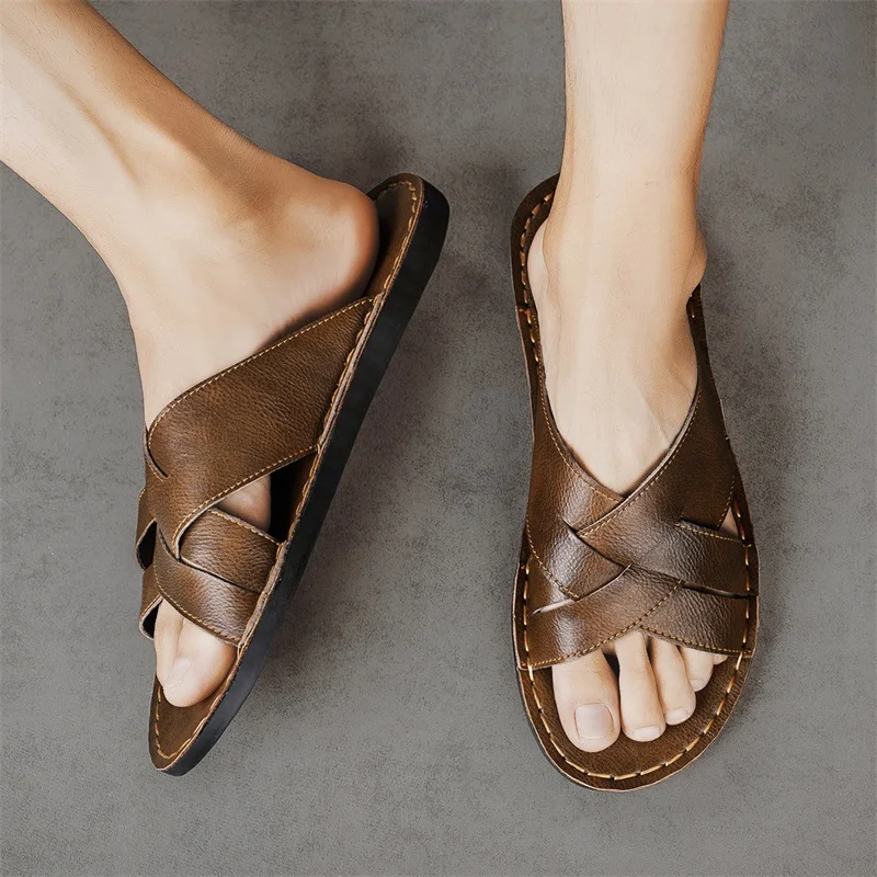 本革メンズカジュアルサンダル夏メンズスリッパ屋外通気性ビーチ - Flip Flop Leather Men のレビューと価格