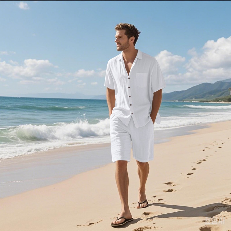 メンズリネンブレンドキャンプカラーシャツ＆ショーツセット、無 - Linen Shirt Breathable のレビューと価格