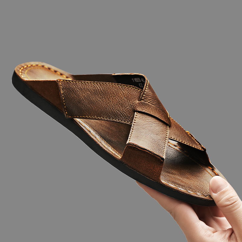 ファッション本革メンズスリッパ夏の男のサンダル屋外ビーチシュ - Flip Flop Leather Men のレビューと価格