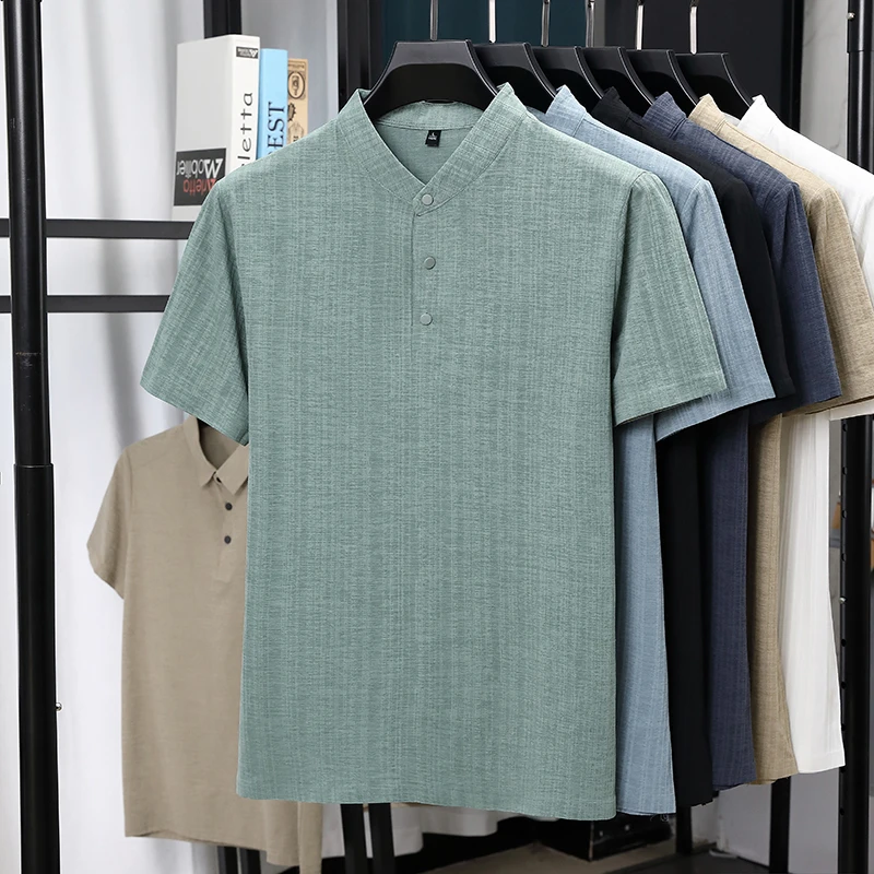 メンズマンダリンカラーハーフプラケットリネンテクスチャード半 - Linen Shirt Breathable のレビューと価格