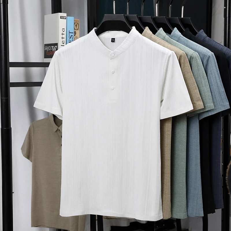 メンズマンダリンカラーハーフプラケットリネンテクスチャード半 - Linen Shirt Breathable のレビューと価格