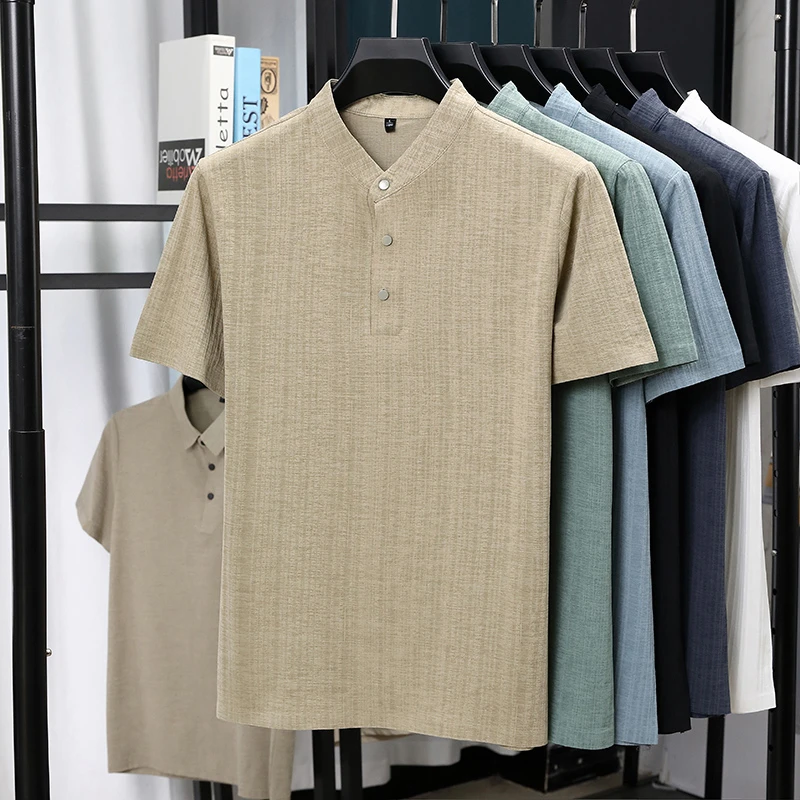 メンズマンダリンカラーハーフプラケットリネンテクスチャード半 - Linen Shirt Breathable のレビューと価格