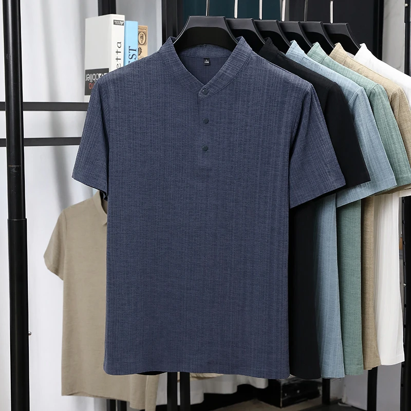 メンズマンダリンカラーハーフプラケットリネンテクスチャード半 - Linen Shirt Breathable のレビューと価格