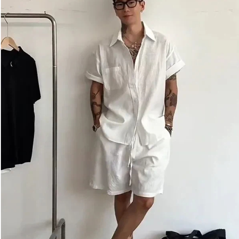 メンズリネンコットン2ピースセット、ゆったりとした半袖シャツ - Linen Shirt Breathable のレビューと価格