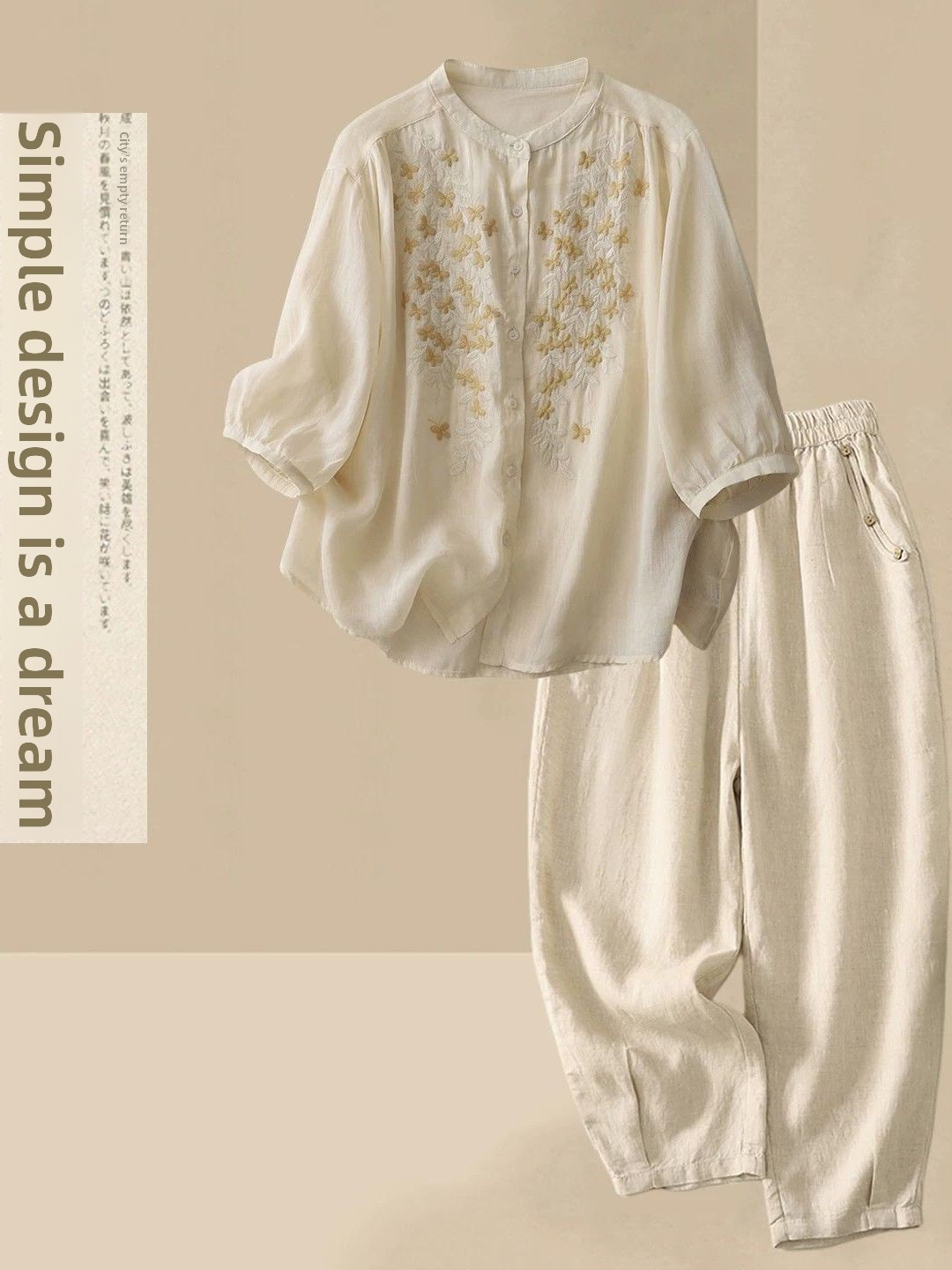 夏のカジュアルコットンリネンセット レディース ルーズフィッ - Linen Shirt Breathable のレビューと価格