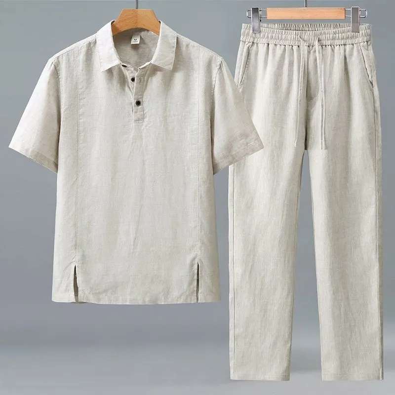 メンズプラスサイズ夏用リネンツーピースセットルーズラペル半袖 - Short Linen Drawstring のレビューと価格