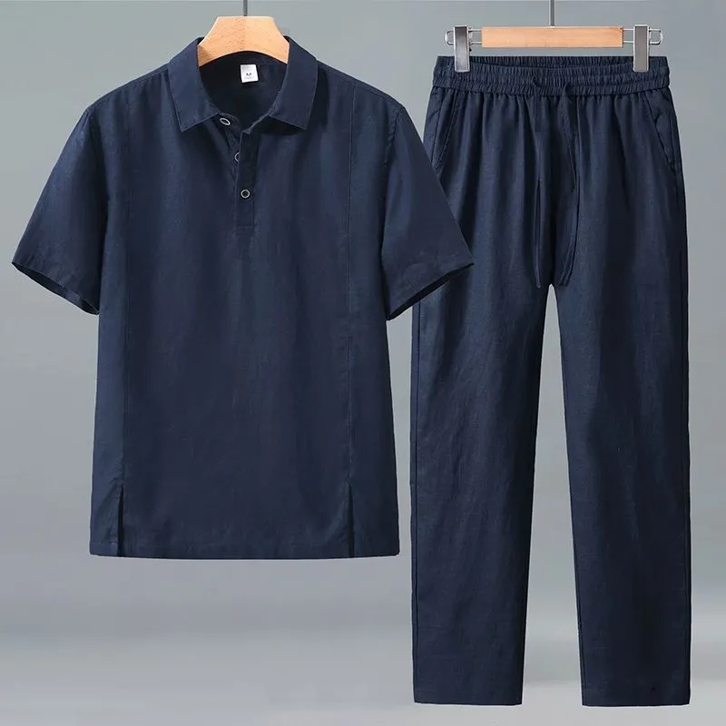 メンズプラスサイズ夏用リネンツーピースセットルーズラペル半袖 - Short Linen Drawstring のレビューと価格