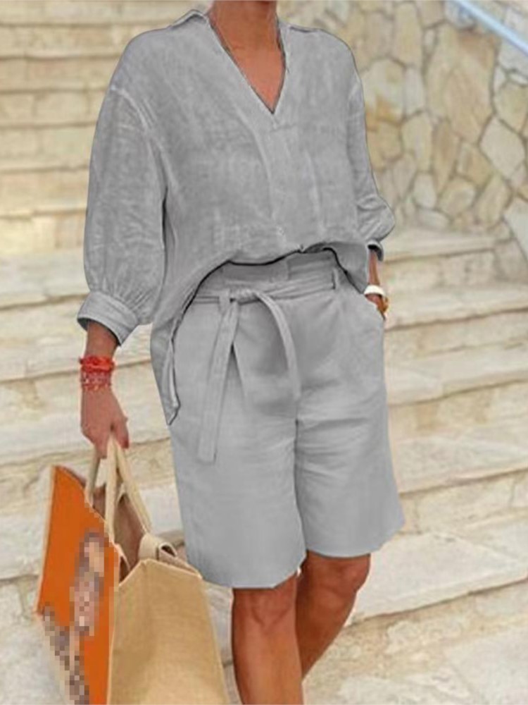 ゆったりとしたコットンとリネンのツーピースセット,半袖,Vネ - Linen Shirt Breathable のレビューと価格