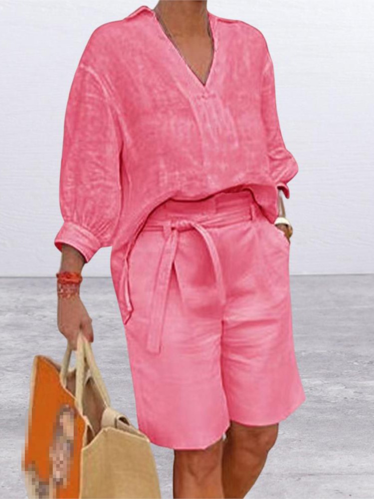 ゆったりとしたコットンとリネンのツーピースセット,半袖,Vネ - Linen Shirt Breathable のレビューと価格