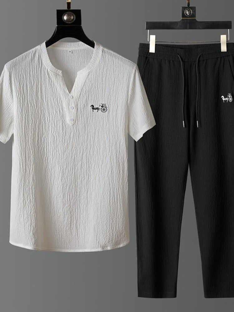 新作夏ファッション トレンド リネン半袖Tシャツセット メン - Short Linen Drawstring のレビューと価格