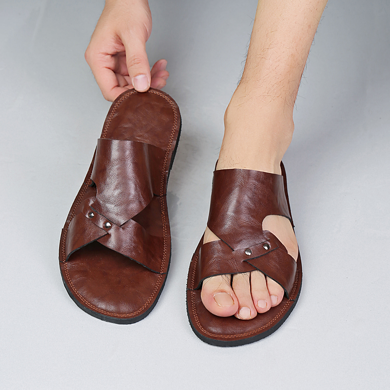 手作り革スリッパ男性ビーチ夏ウォーキングシューズスリップオン - Flip Flop Leather Men のレビューと価格