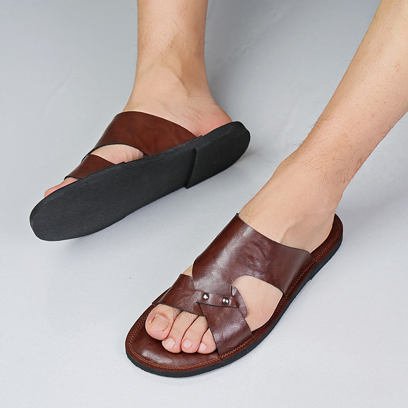 手作り革スリッパ男性ビーチ夏ウォーキングシューズスリップオン - Flip Flop Leather Men のレビューと価格
