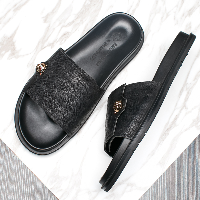2025年新作 本革スリッパ メタル装飾 滑り止め ビーチサ - Flip Flop Leather Men のレビューと価格