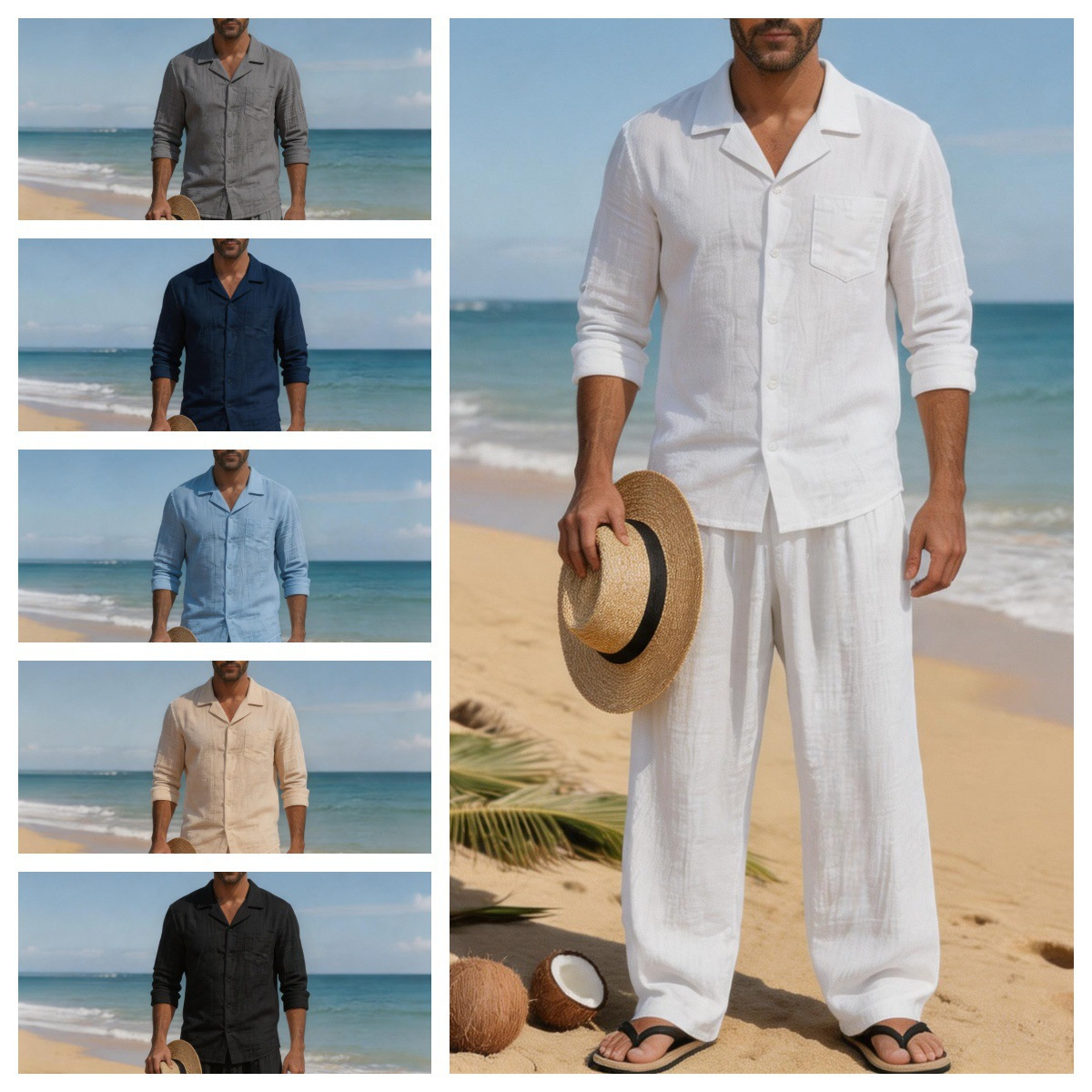 リネン メンズ カジュアル ルーズ 通気性 長袖 パンツ シ - Linen Shirt Breathable のレビューと価格
