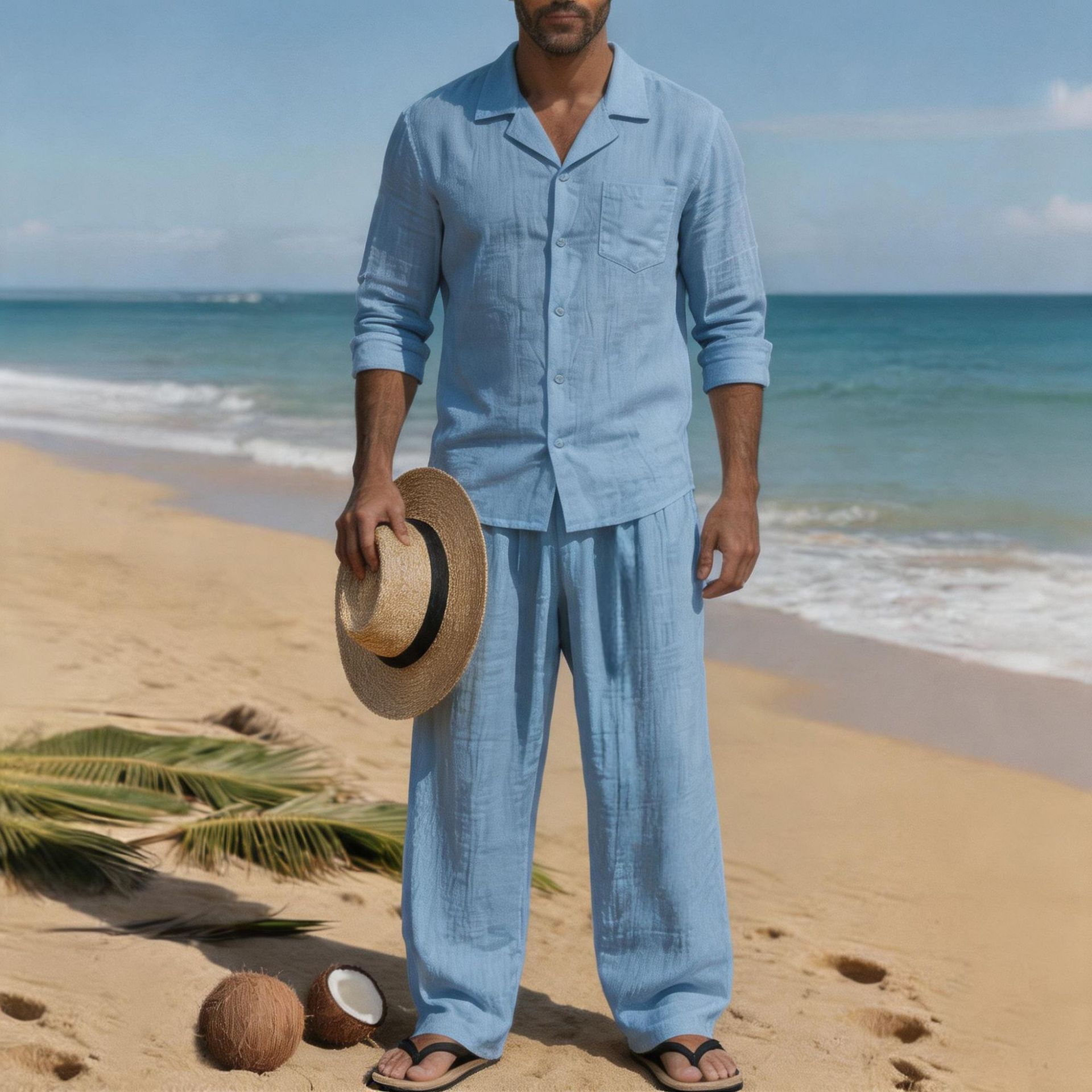 リネン メンズ カジュアル ルーズ 通気性 長袖 パンツ シ - Linen Shirt Breathable のレビューと価格